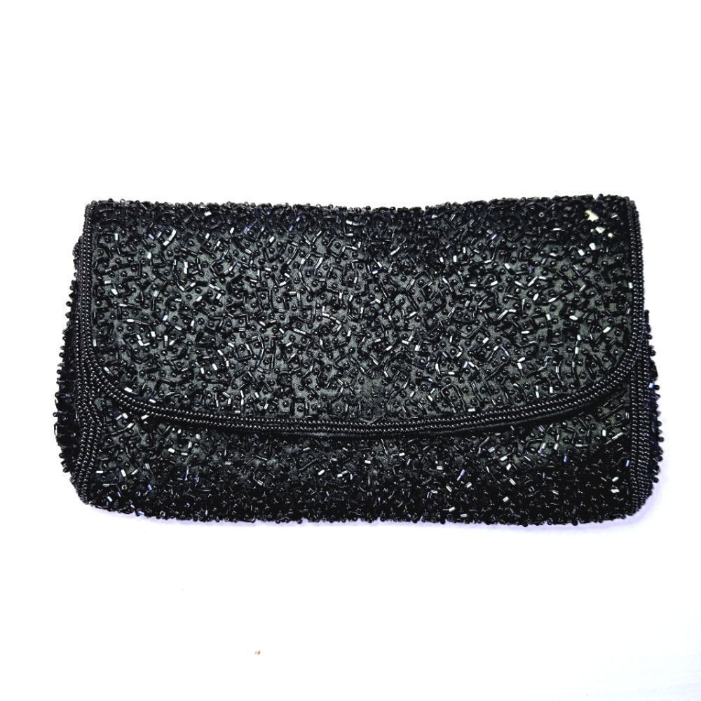 Vintage Seed Beaded Black Sequin Evening Envelope Clutch Purse
